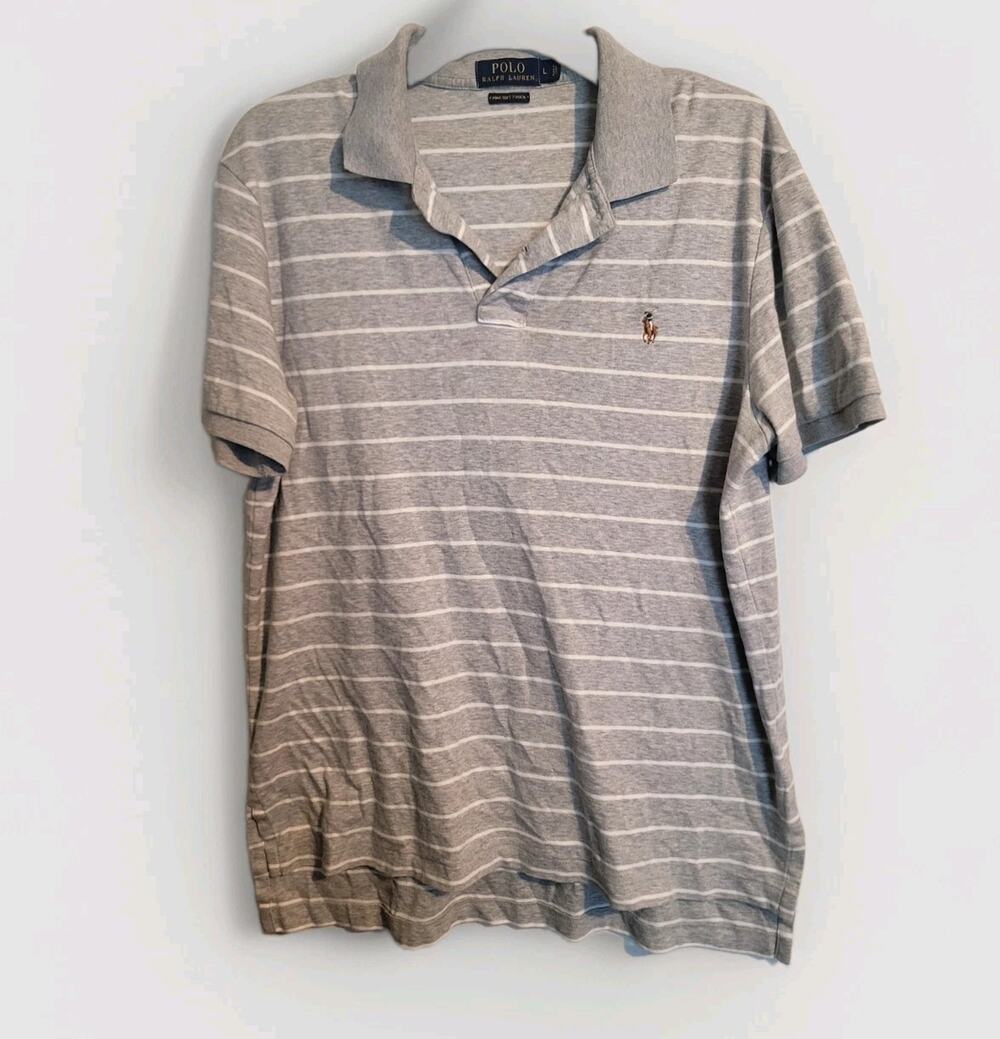 Polo Ralph Lauren Polo Shirt Mens L Gray Striped Pima Soft Touch Flesh Pony